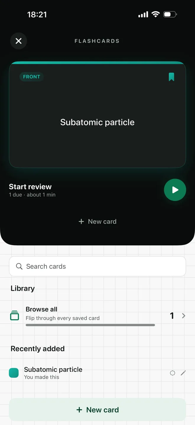 The flashcards screen with one card due for review, about one minute.