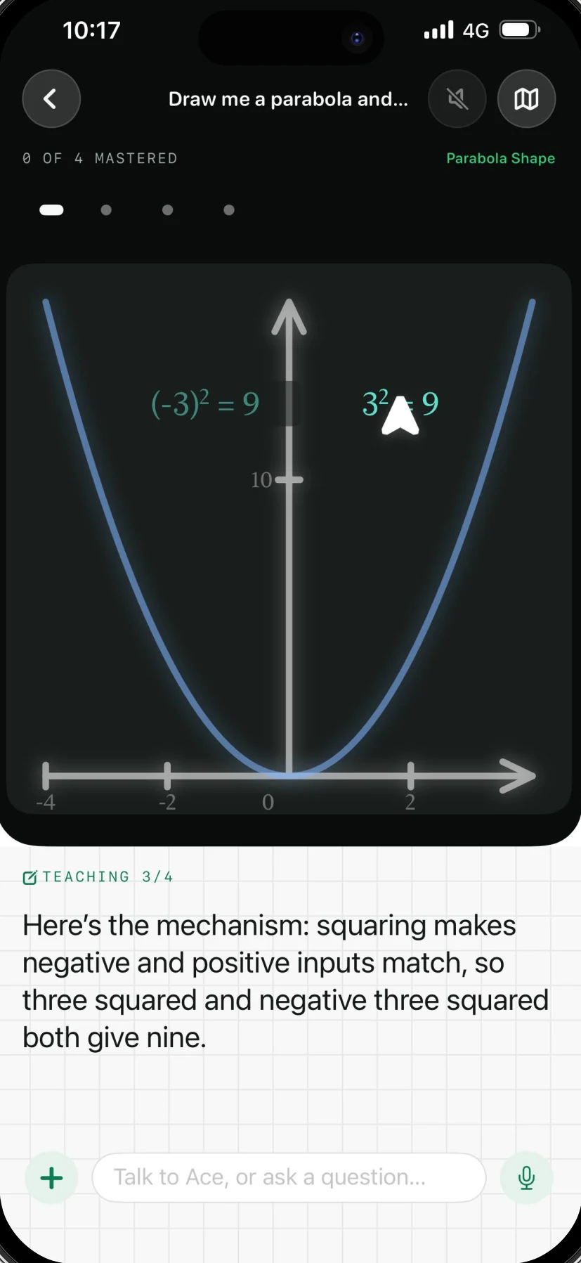 Plan2Ace explaining why squaring makes negative and positive inputs match, drawn on a parabola.