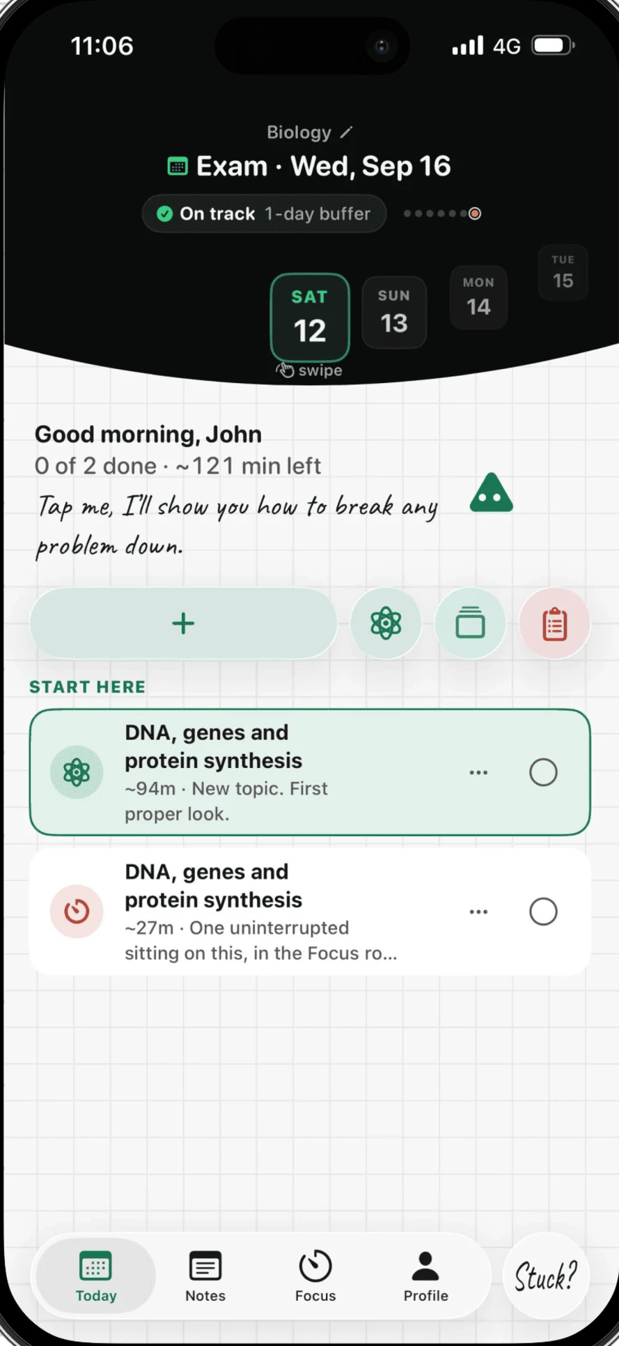 Today under a Biology exam set for Wed 16 Sep: two blocks on DNA, genes and protein synthesis, about 121 minutes left.