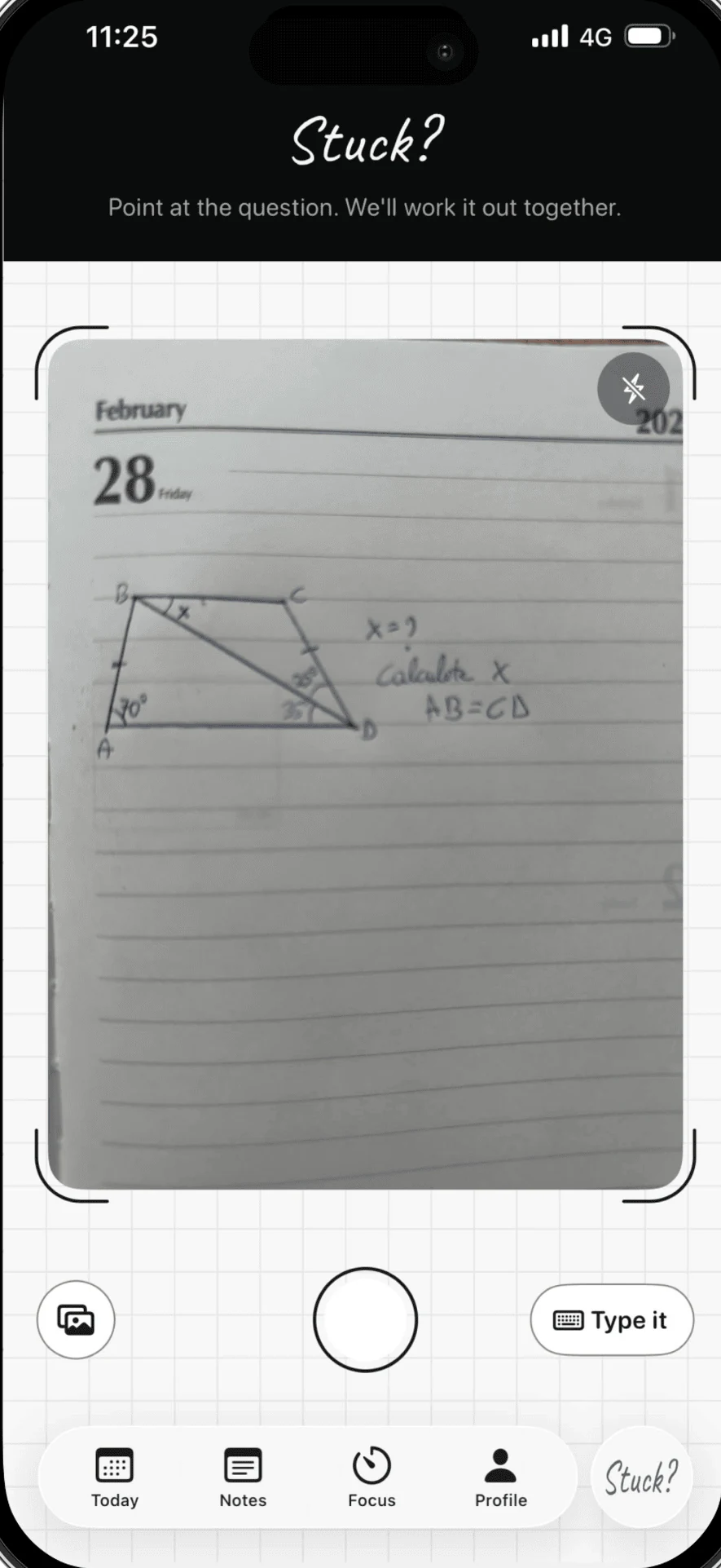 The Stuck screen in Plan2Ace, pointing the camera at a handwritten geometry question in an exercise book.